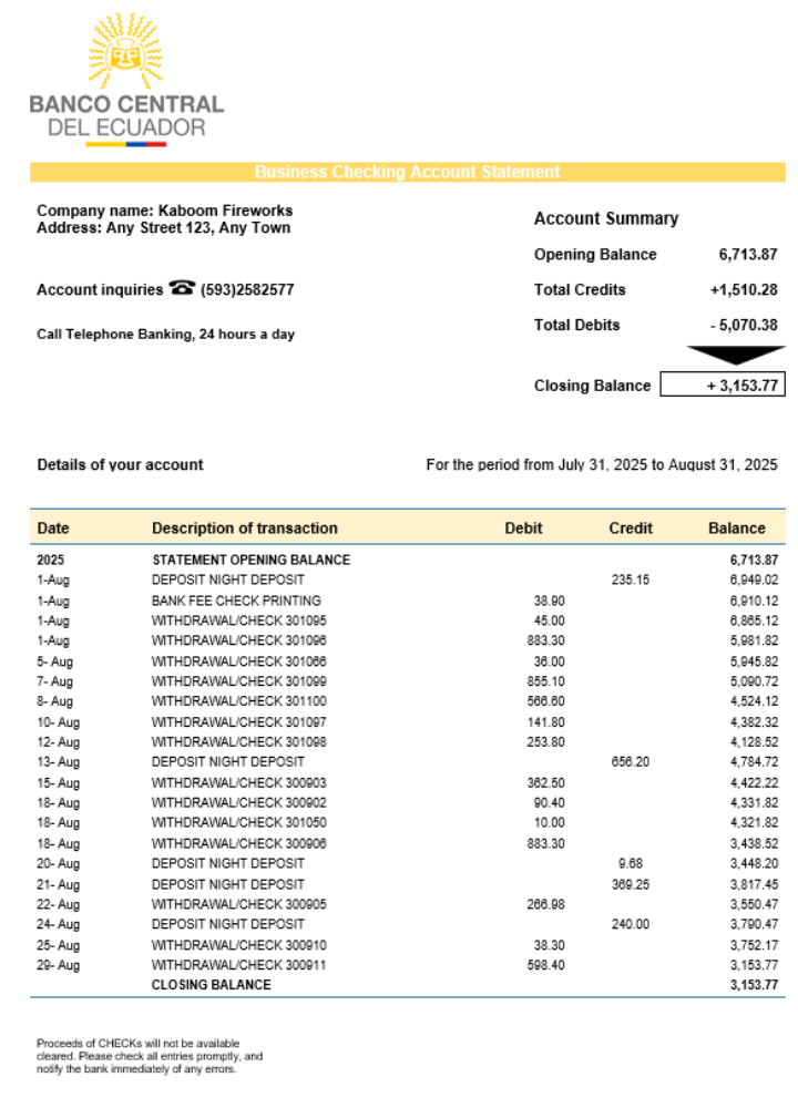 Relevé de compte courant de l'organisation de la Banque centrale équatorienne Format Word et PDF